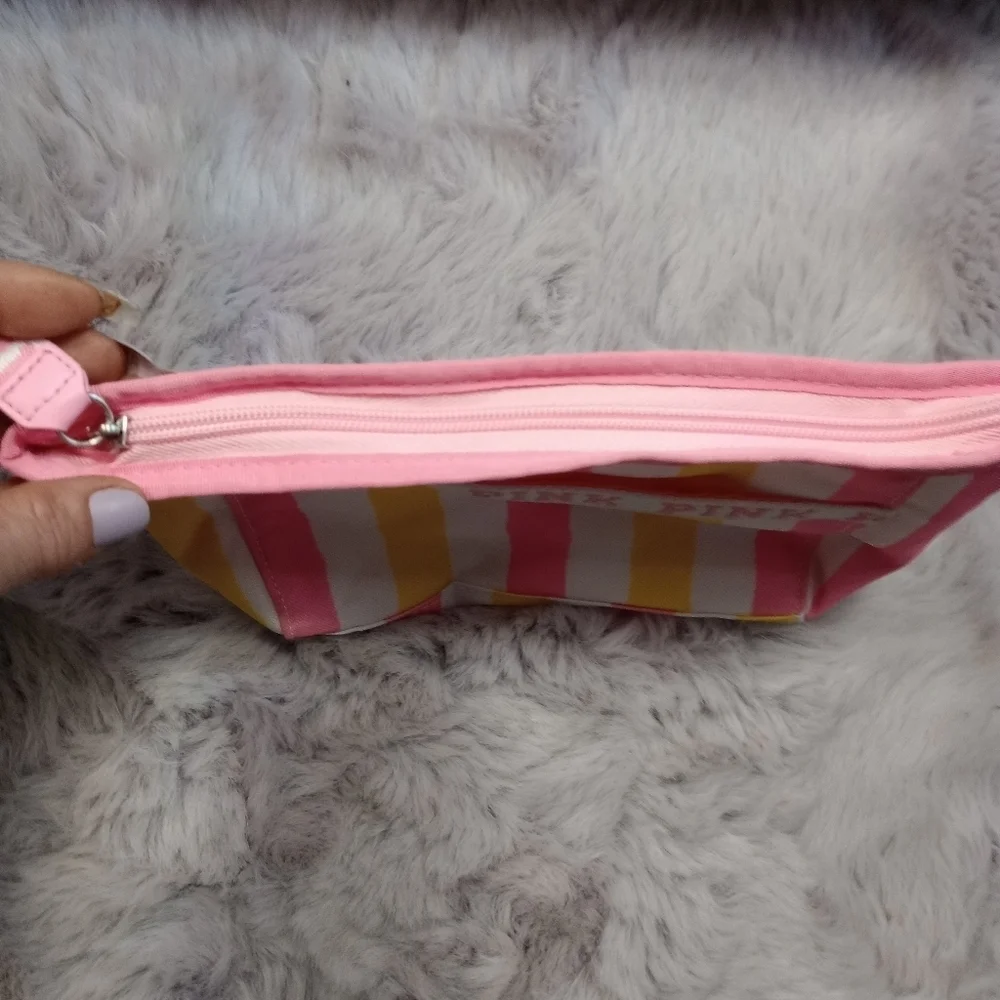 Pink Victoria Secret pink yellow white stripe makeup cosmetic bag NWOT